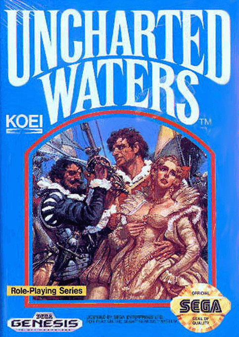Uncharted Waters New Horizons box art for Sega Genesis